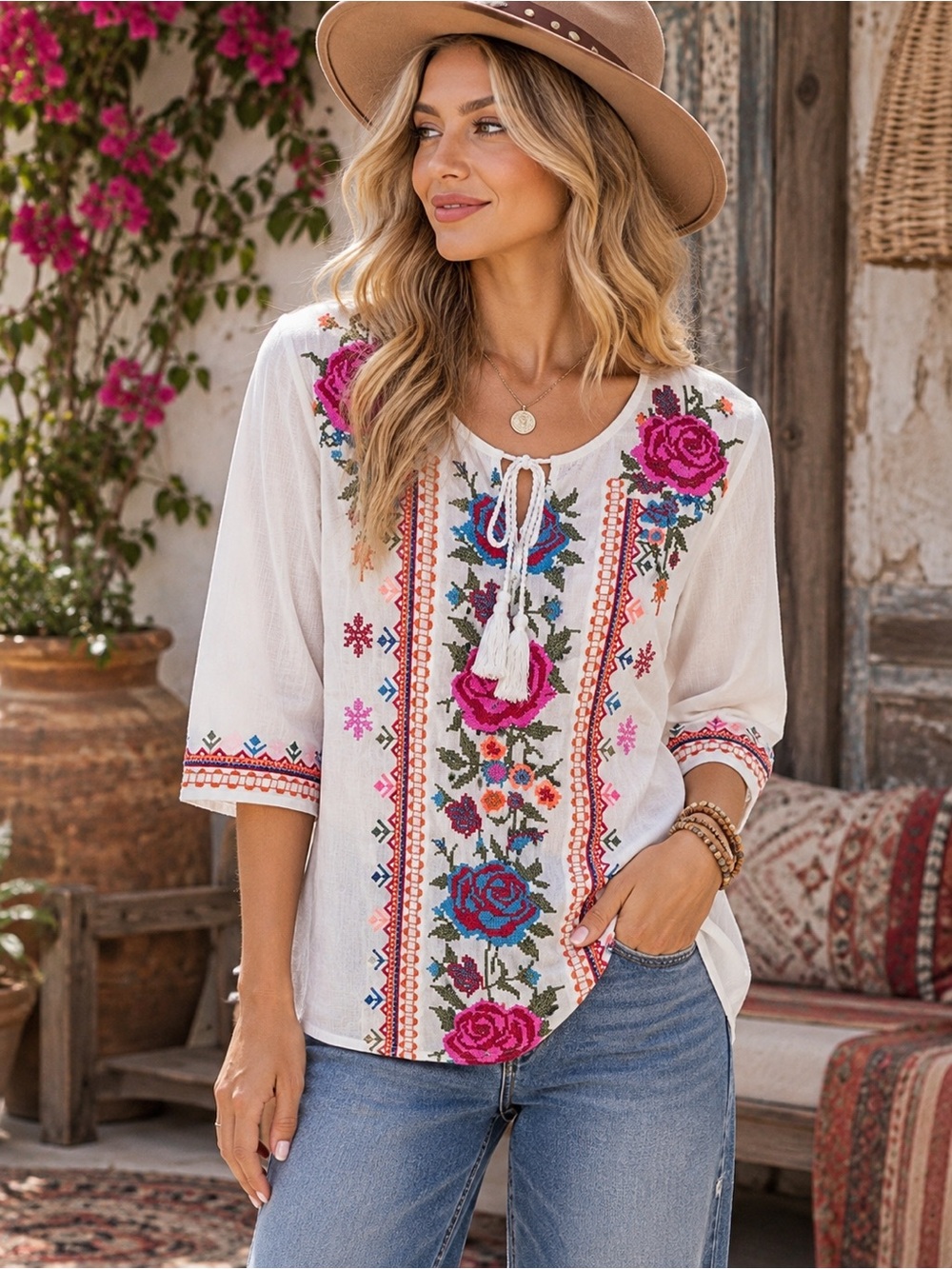 NWT Raj Embroidered Floral White Top with Pink & Blue Accents Size Small